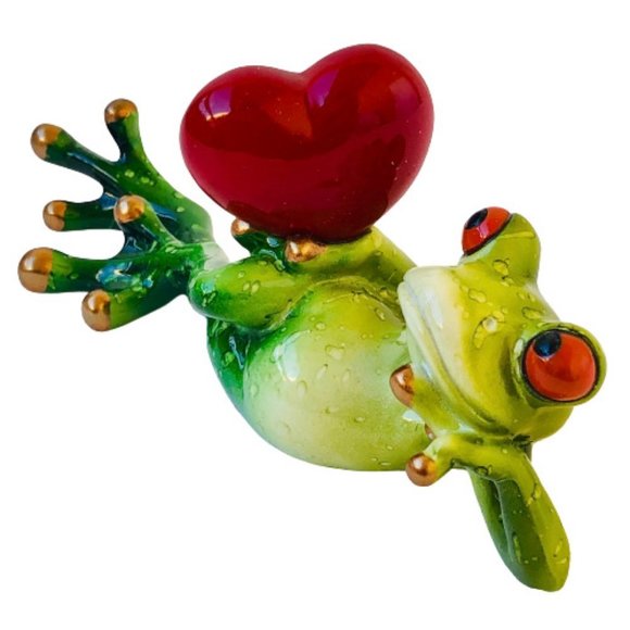 Frog Ceramic Figurine Reclining and Holding a Red Heart - Picture 1 of 10